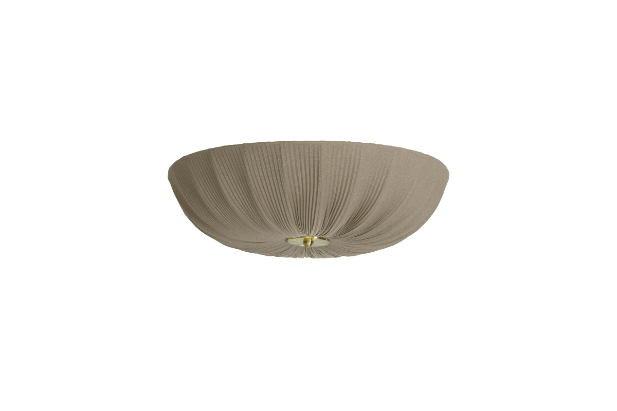Lady Ø45 Grå plafond Fra Aneta Lighting - N&aring;r lampen er t&aelig;ndt, spredes et bl&oslash;dt og behageligt lys gennem stoffet og skaber en varm atmosf&aelig;re i rummet.