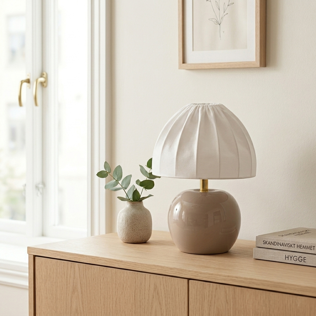 Peach 27cm Beige bordlampe Fra Cottex - Den hvide tekstilsk&aelig;rm med et smukt plisseret design skaber en flot kontrast til den jordagtige fod og spreder et bl&oslash;dt og behageligt lys.