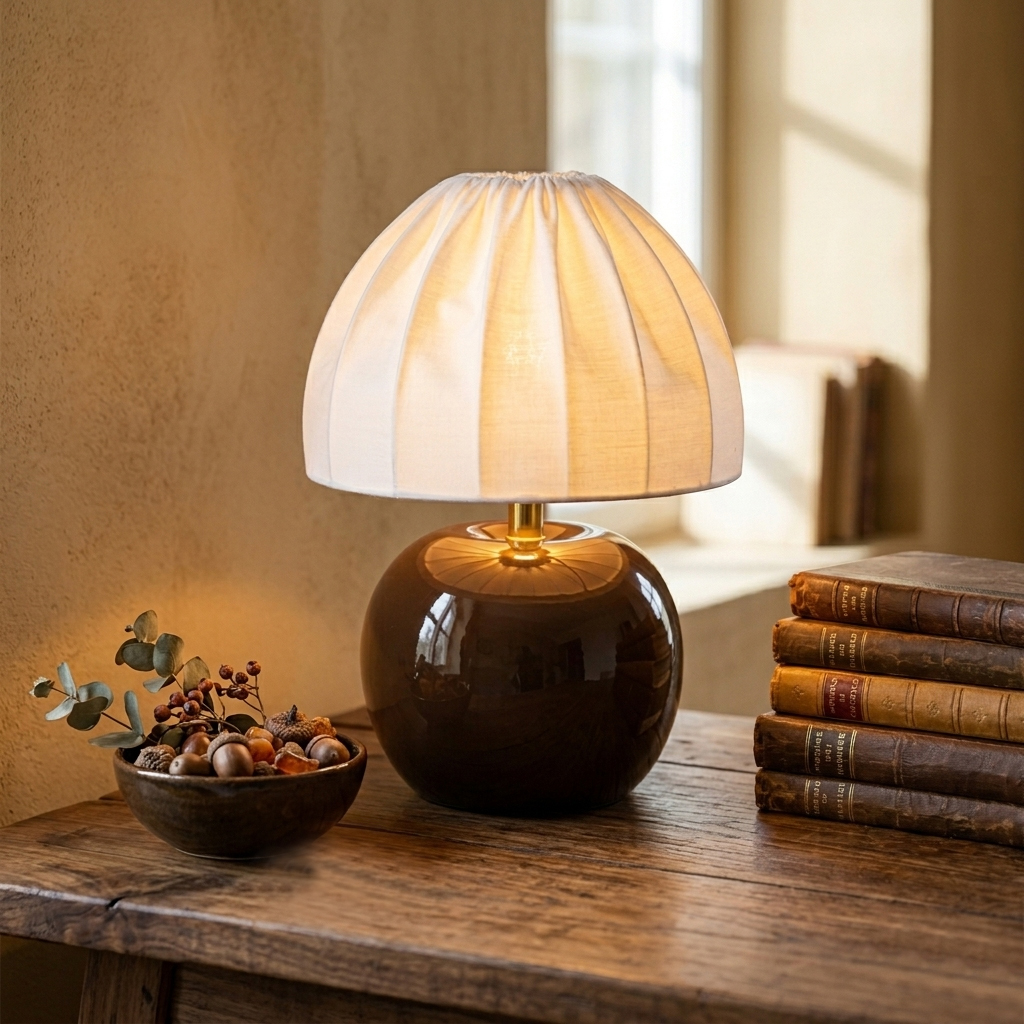 Peach 27cm Brun bordlampe Fra Cottex - Den hvide tekstilsk&aelig;rm med et smukt plisseret design skaber en flot kontrast til den jordagtige fod og spreder et bl&oslash;dt og behageligt lys.