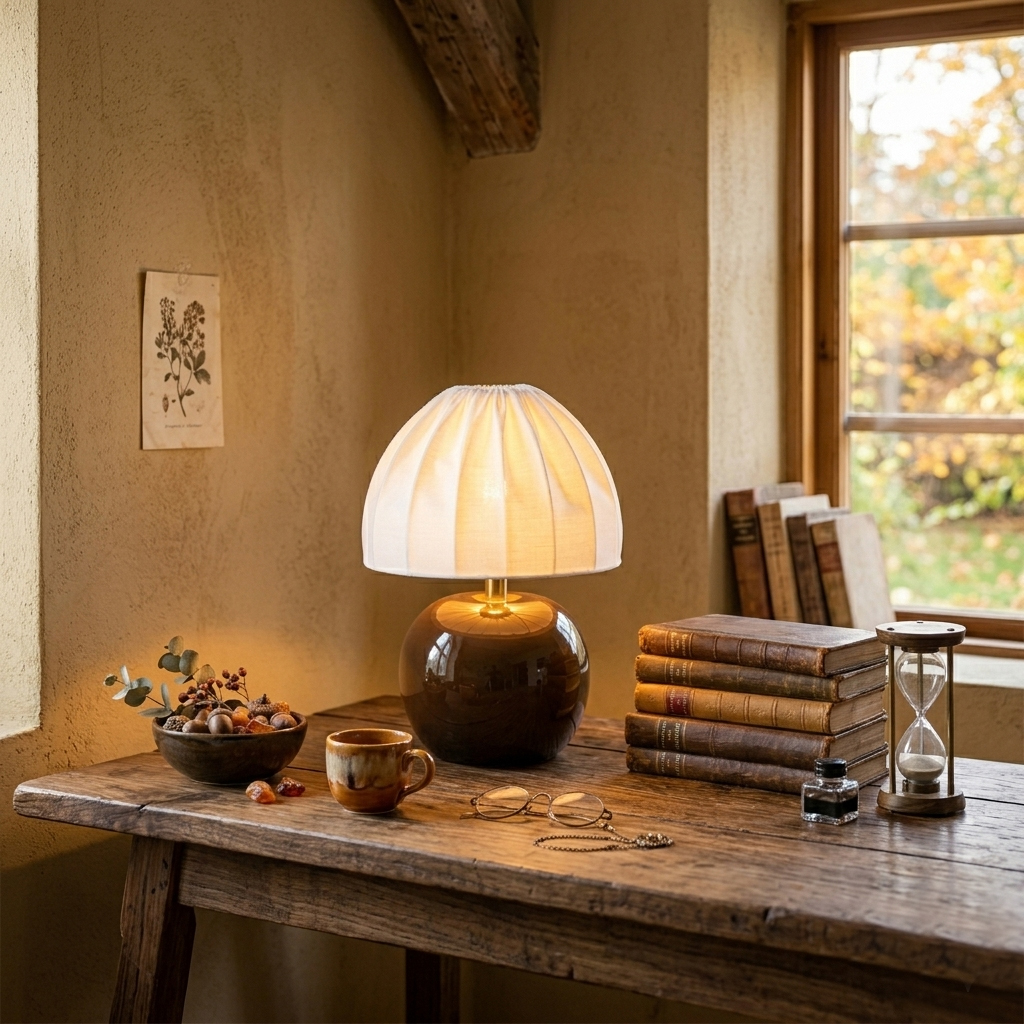 Peach 27cm Brun bordlampe Fra Cottex - Den hvide tekstilsk&aelig;rm med et smukt plisseret design skaber en flot kontrast til den jordagtige fod og spreder et bl&oslash;dt og behageligt lys.