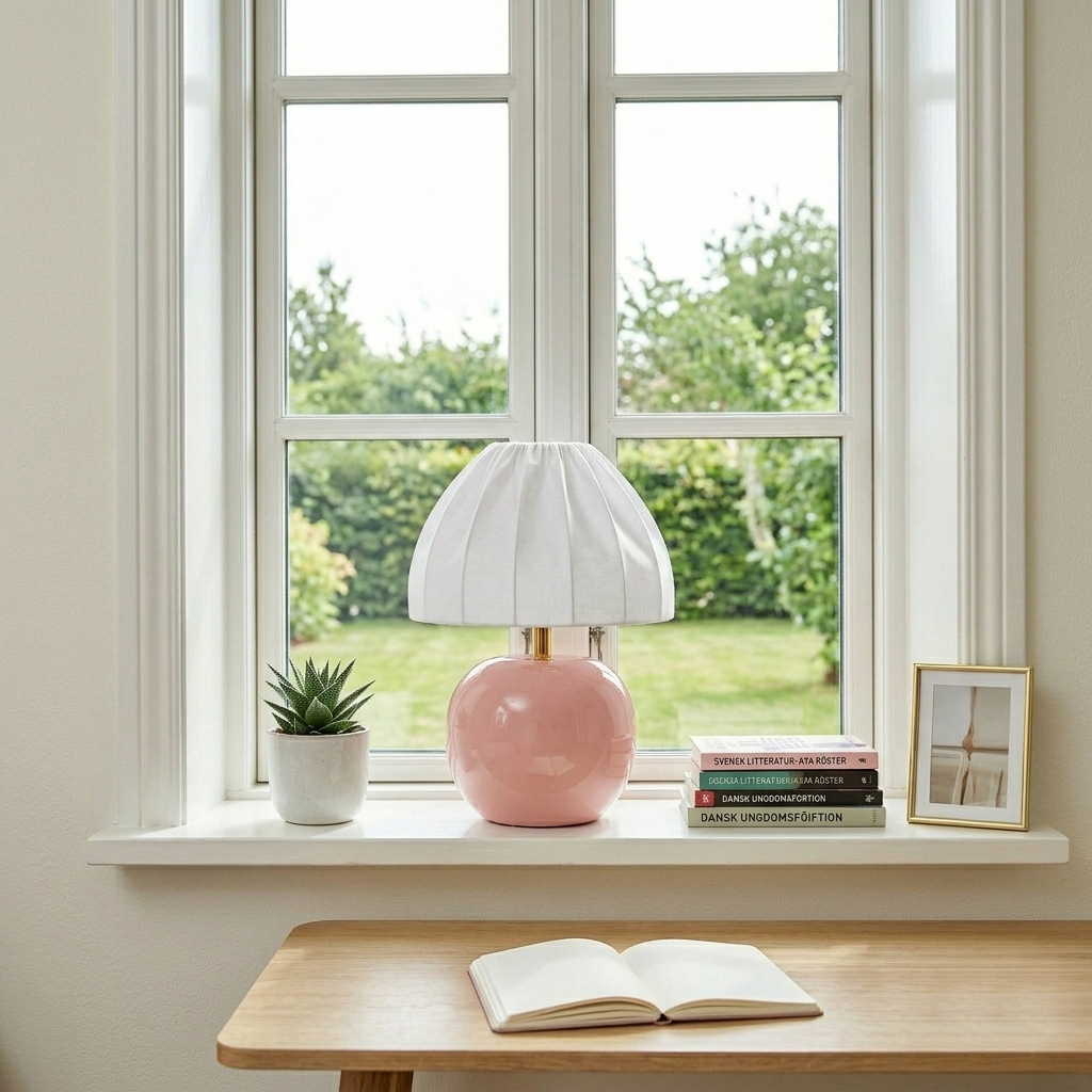 Peach 27cm Lyserød bordlampe Fra Cottex - Den hvide tekstilsk&aelig;rm med et smukt plisseret design skaber en flot kontrast til den farverige fod og spreder et bl&oslash;dt og behageligt lys.