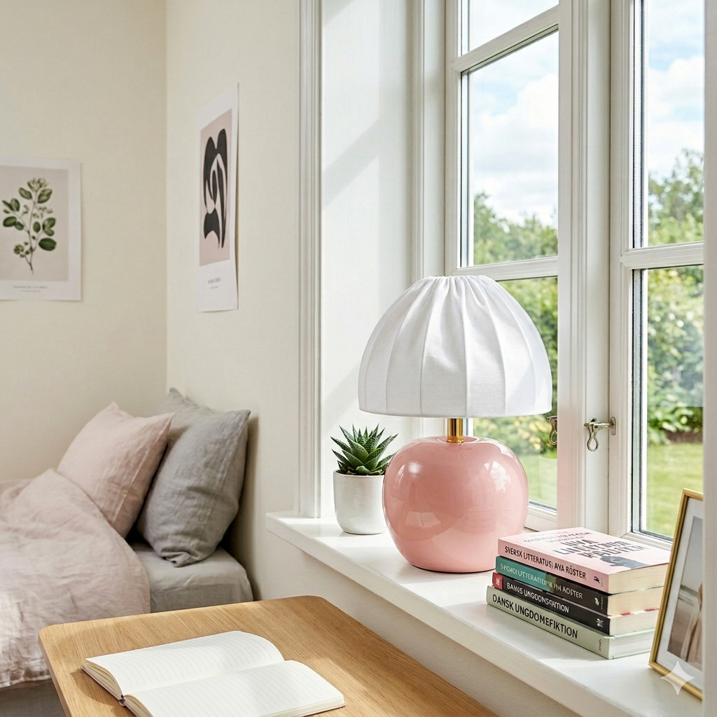 Peach 27cm Lyserød bordlampe Fra Cottex - Den hvide tekstilsk&aelig;rm med et smukt plisseret design skaber en flot kontrast til den farverige fod og spreder et bl&oslash;dt og behageligt lys.