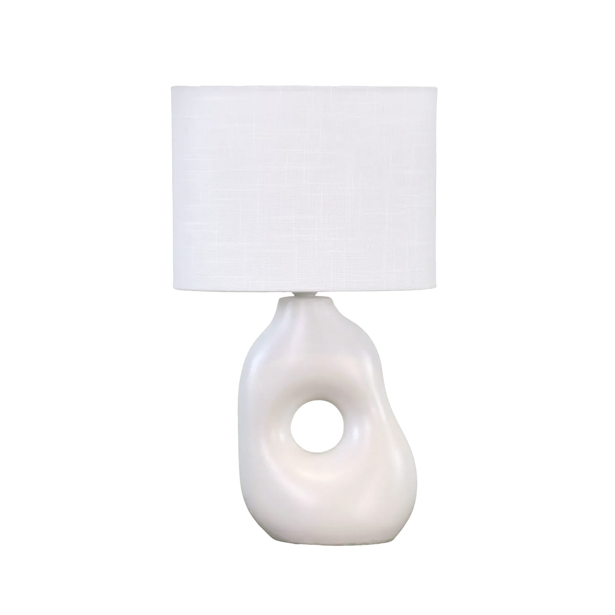 Pikazo 45cm Hvid bordlampe Fra Lampan - Pikazo bordlampen har en unik keramisk base med en skulpturel form og et dekorativt, sammenhængende hår, kombineret med en hvid og oval hørskærm.
