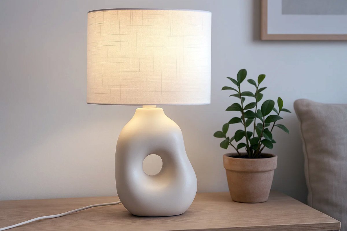 Pikazo 45cm Hvid bordlampe Fra Lampan - Pikazo bordlampen har en unik keramisk base med en skulpturel form og et dekorativt, sammenhængende hår, kombineret med en hvid og oval hørskærm.