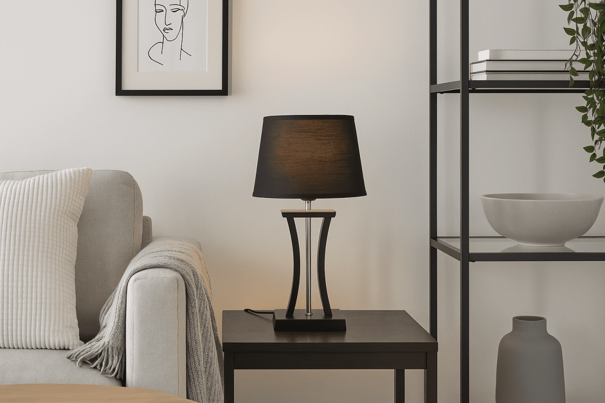 Pilastro 48cm Sort bordlampe Fra Lampan - Med sin elegante sorte tekstilsk&aelig;rm og unikke metalfod giver den et stilfuldt indtryk, uanset om du placerer den i stuen, sovev&aelig;relset eller p&aring; altanen.
