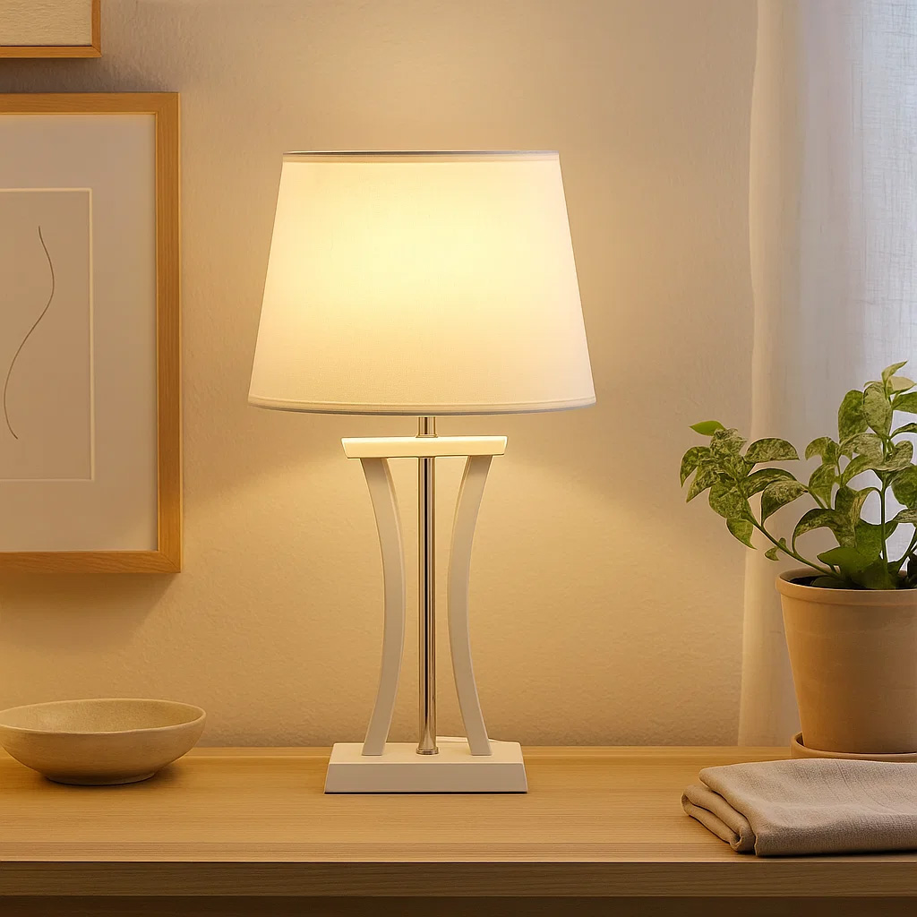 Pilastro 48cm Hvid bordlampe Fra Lampan - Med sin elegante hvide, ovale lampesk&aelig;rm lavet af tekstil og unikke metalbase giver den et stilfuldt indtryk, uanset om du placerer den i stuen, sovev&aelig;relset eller p&aring; altanen.