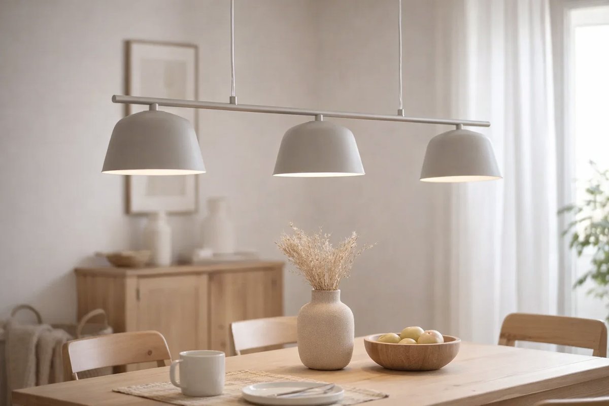 Pop 125cm Beige loftslampe Fra Nordic Lighting - Pop er en stilfuld loftslampe i metal med en bl&oslash;d, beige finish, der giver et roligt og moderne indtryk.
