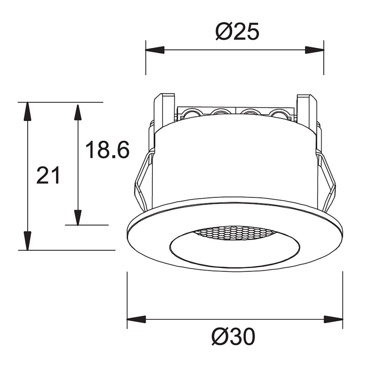 Q-19 Mini Downlight 2700K 10-pk Hvid Fra Designlight - Terminalen har ogs&aring; krydsforbindelser markeret med X, der tjener til at f&oslash;re minuskablet tilbage til driveren.