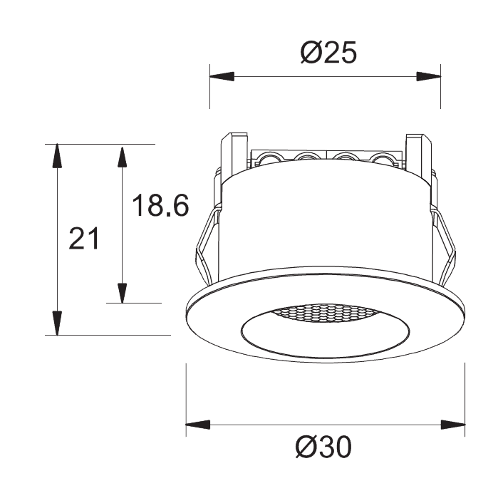 Q-20 Mini Downlight 3000K 10-pk Hvid Fra Designlight - Terminalen har ogs&aring; krydsforbindelser markeret med X, der tjener til at f&oslash;re det negative kabel tilbage til driveren.