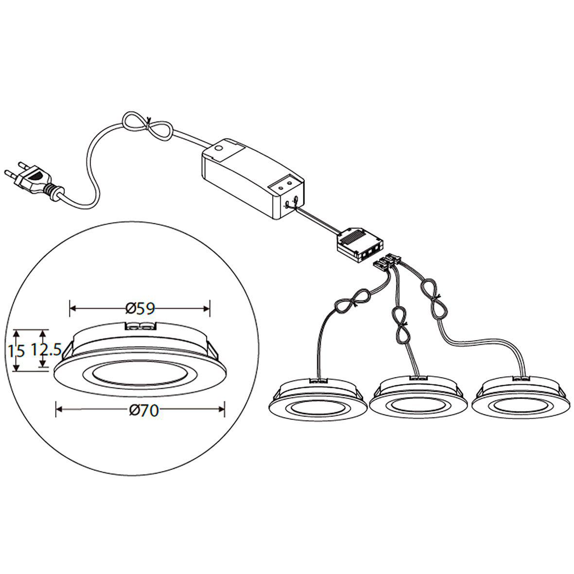 QB-307 Downlight 2700K 3-pk Hvid Fra Designlight - Leveres med 2m kabel fra stik til driver og næsten 2m kabel fra samledåse til hver spotlight.