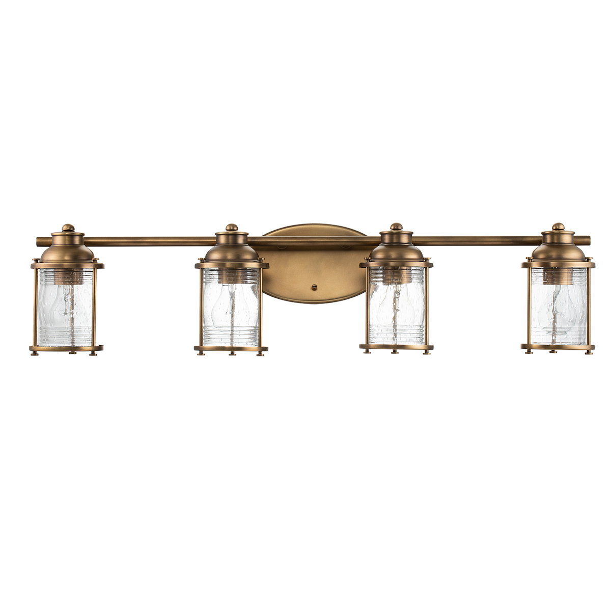 Ashland Bay 85cm Messing badeværelseslampe Fra Elstead Lighting - Den er lavet af stål og glas og tilbyder en luksuriøs messingfinish og fire smukt teksturerede glas, der spreder lyset.