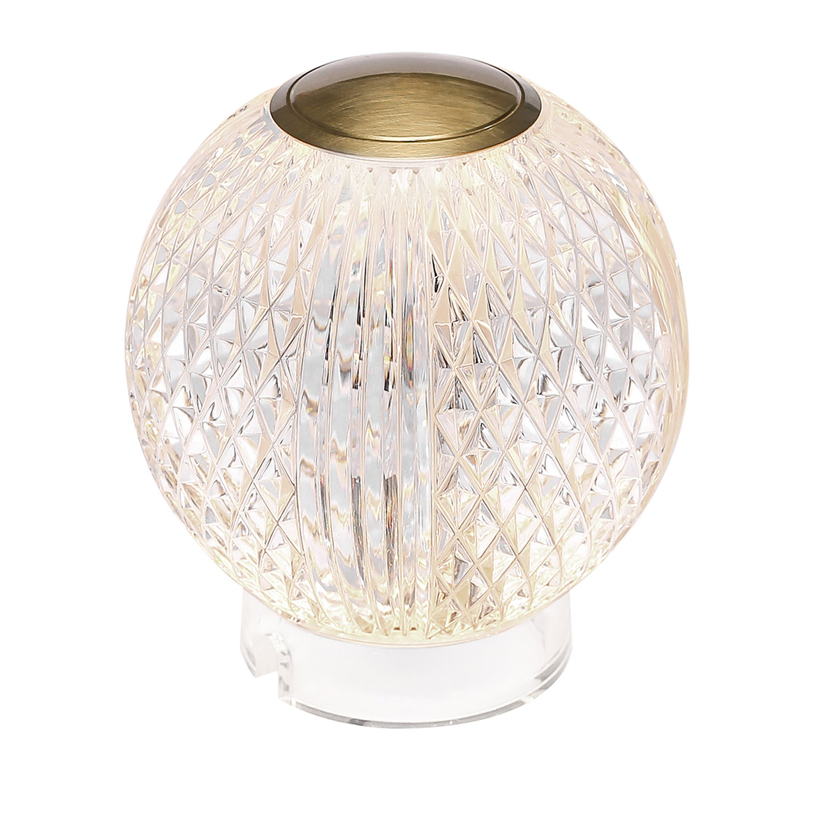 Marni 10cm Gennemsigtig bærbar Fra Elstead Lighting - Marni er en elegant og genopladelig bordlampe med et dekorativt design, der kombinerer stål i en naturlig messingfinish med transparent, mønstret akryl.