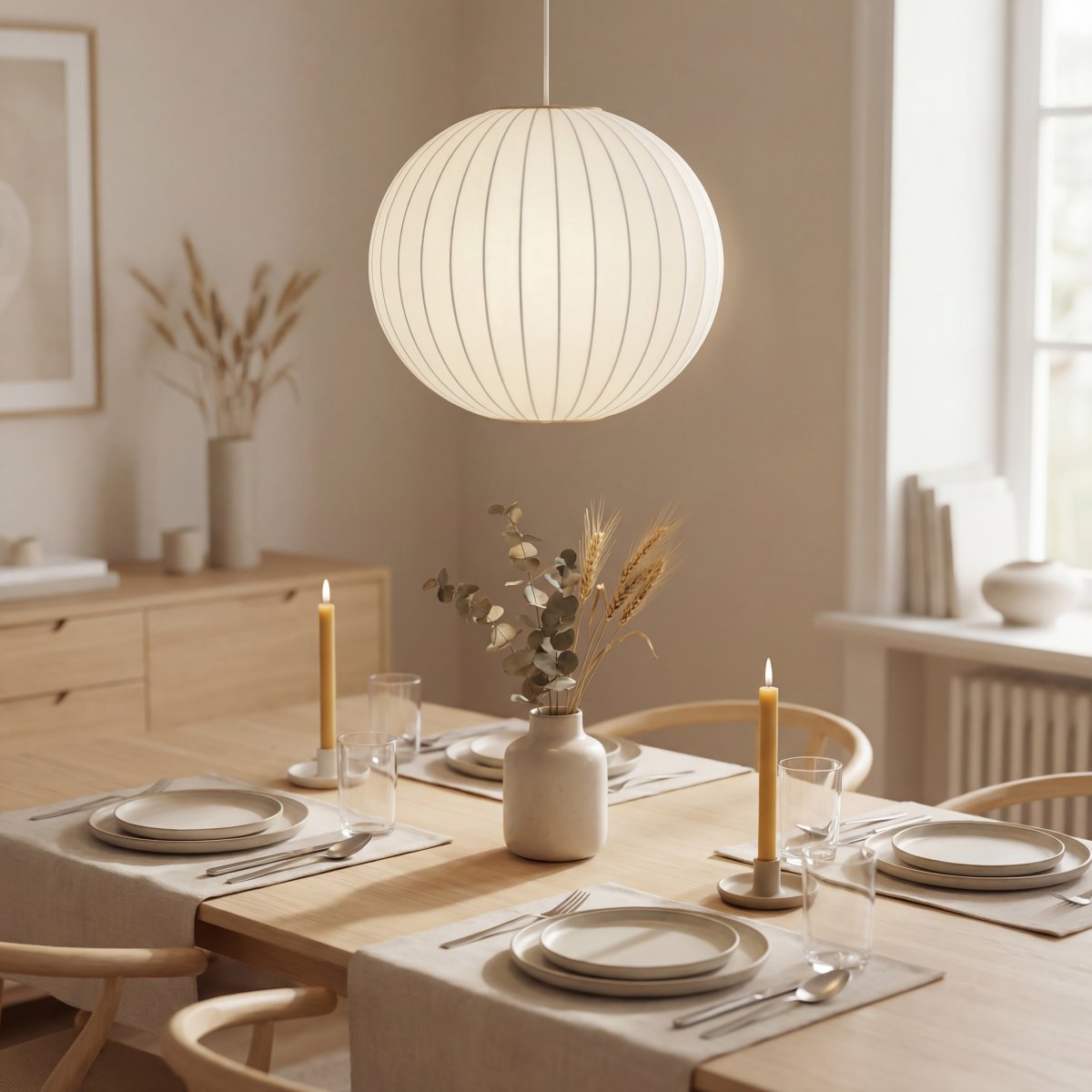 Kanoa Ø40 Hvid loftslampe Fra Aneta Lighting - N&aring;r lampen er t&aelig;ndt, spredes et behageligt lys gennem stoffet og bidrager til en varm og hyggelig f&oslash;lelse i rummet.