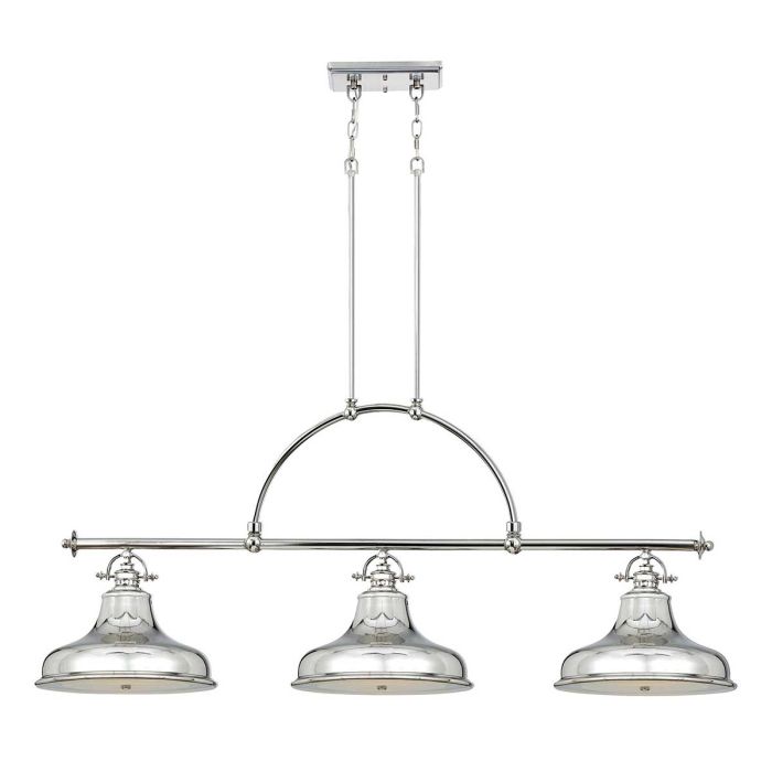 Emery 133cm Sølv loftslampe Fra Elstead Lighting - Lampen er lavet af st&aring;l med en smuk, skinnende s&oslash;lvfinish og har tre dekorative sk&aelig;rme, der g&oslash;r den til et klart blikfang.