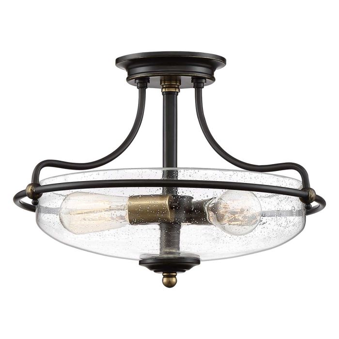 Griffin Ø42 Bronze plafond Fra Elstead Lighting - Den klara bubbelglas-sk&auml;rmen framh&auml;ver ljusk&auml;llorna och ger en bra och fin ljusspridning i rummet.
