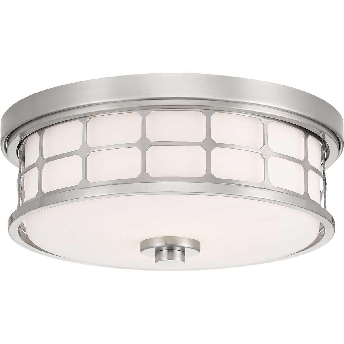 Guardian Ø35 Børstet nikkel badeværelseslampe Fra Elstead Lighting - Den b&oslash;rstede nikkelfinish og den geometriske ramme giver lampen et elegant look, mens det opalglas spreder et behageligt og bl&oslash;dt lys.