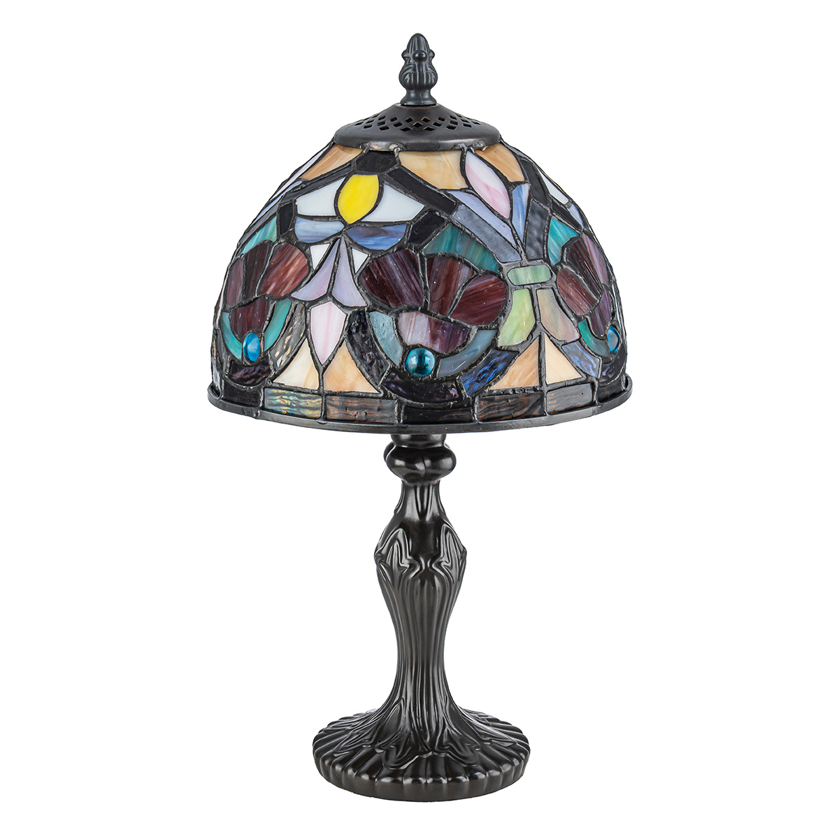 Larissa 37cm Flerfarvet Fra Elstead Lighting - Den kuppelformede skærm består af farvet kunstglas i smukke nuancer af rød, gul, grøn og blå, som tilsammen danner et detaljeret og farverigt mønster.
