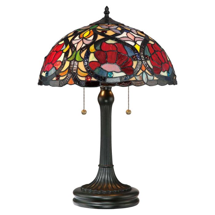 Larissa 58cm Flerfarvet Fra Elstead Lighting - Den matchende lampefod med sin vintage bronzefinish komplementerer designet og forstærker dets tidløse og sofistikerede udtryk.