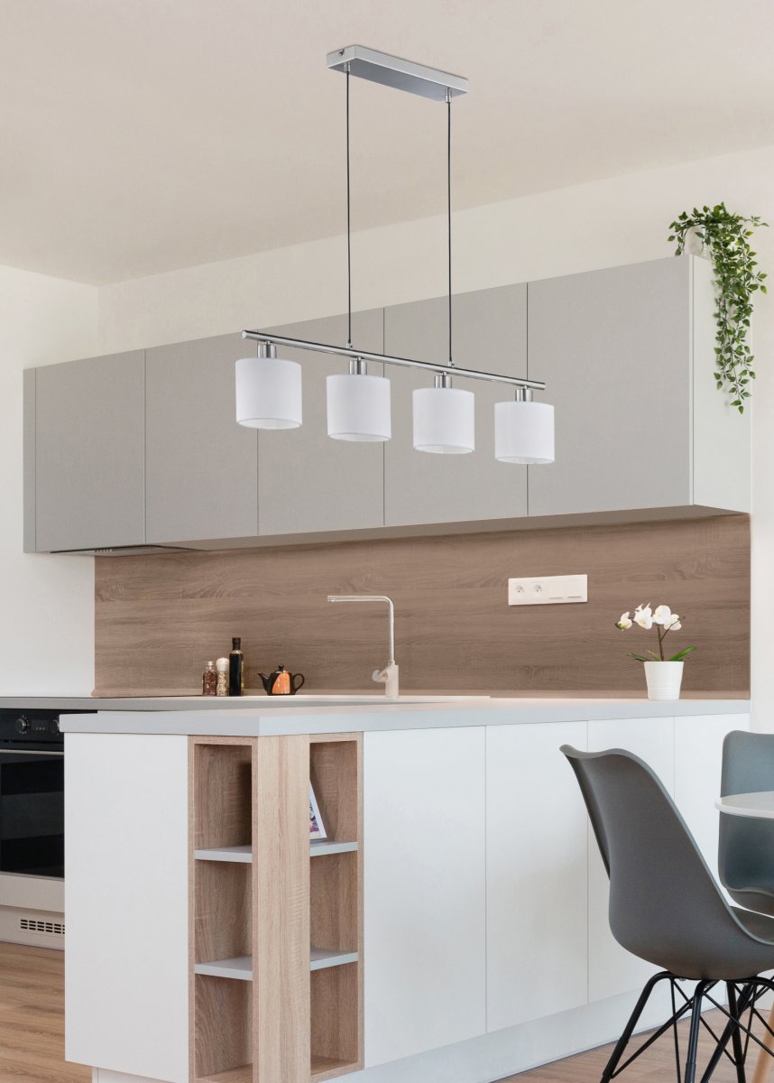 Tommy 75cm Hvid loftslampe Fra Trio Lighting - Fremstillet i b&oslash;rstet st&aring;l og med elegante tekstil nuancer i hvid, skaber Tommy sofistikerede belysningsaccenter, der l&oslash;fter b&aring;de opholds- og spisestue og tilf&oslash;jer en behagelig feel-good f&oslash;lelse.