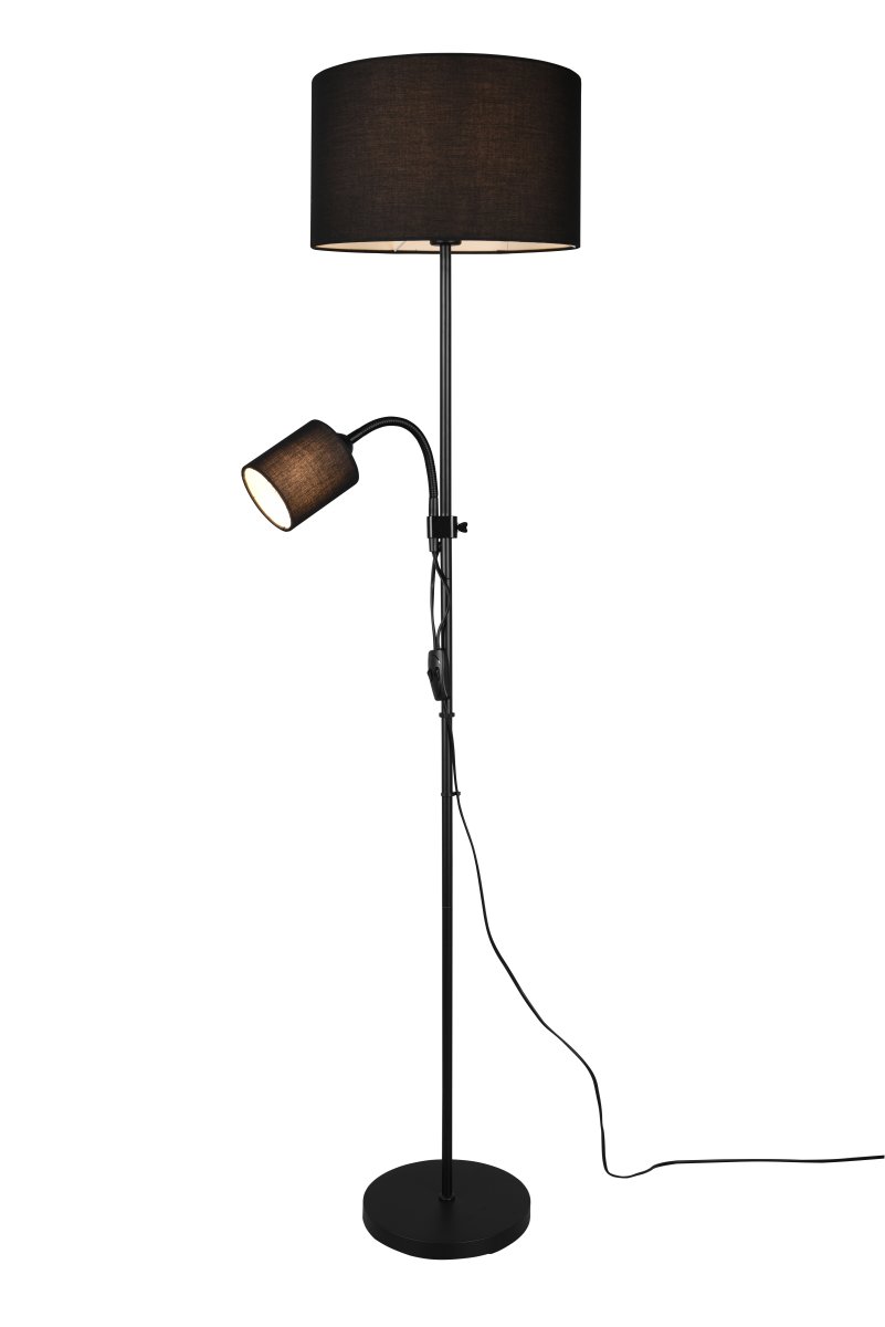 Owen Sort gulvlampe Fra Trio Lighting - Lampen har en fleksibel og h&oslash;jdejusterbar l&aelig;searm, der kan justeres for optimalt lys, hvilket g&oslash;r den ideel som l&aelig;selampe ved sofaen eller i dit l&aelig;sehj&oslash;rne.