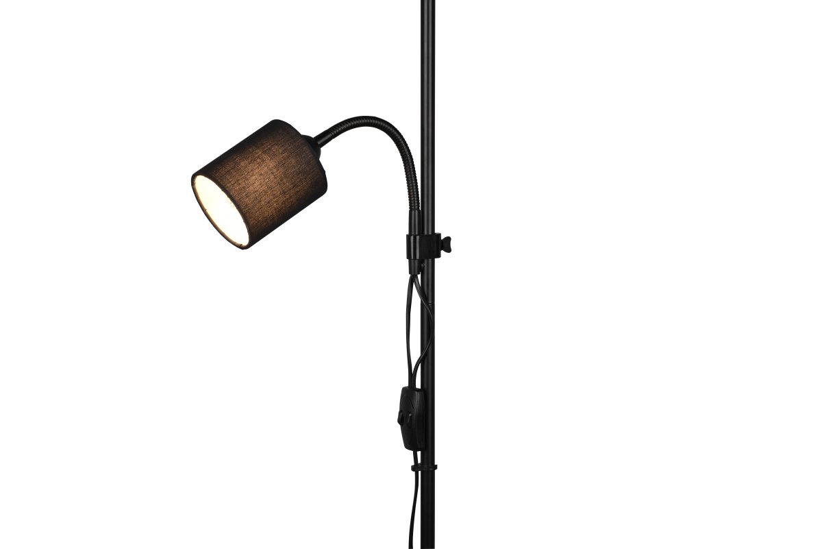 Owen Sort gulvlampe Fra Trio Lighting - Lampen har en fleksibel og h&oslash;jdejusterbar l&aelig;searm, der kan justeres for optimalt lys, hvilket g&oslash;r den ideel som l&aelig;selampe ved sofaen eller i dit l&aelig;sehj&oslash;rne.