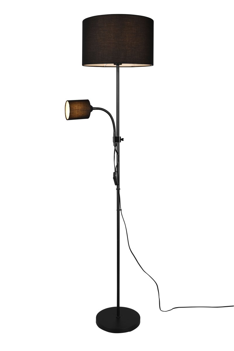 Owen Sort gulvlampe Fra Trio Lighting - Lampen har en fleksibel og h&oslash;jdejusterbar l&aelig;searm, der kan justeres for optimalt lys, hvilket g&oslash;r den ideel som l&aelig;selampe ved sofaen eller i dit l&aelig;sehj&oslash;rne.