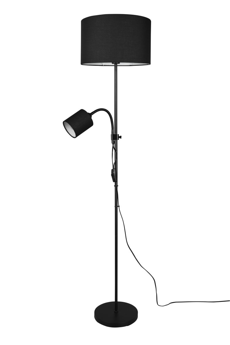 Owen Sort gulvlampe Fra Trio Lighting - Lampen har en fleksibel og h&oslash;jdejusterbar l&aelig;searm, der kan justeres for optimalt lys, hvilket g&oslash;r den ideel som l&aelig;selampe ved sofaen eller i dit l&aelig;sehj&oslash;rne.