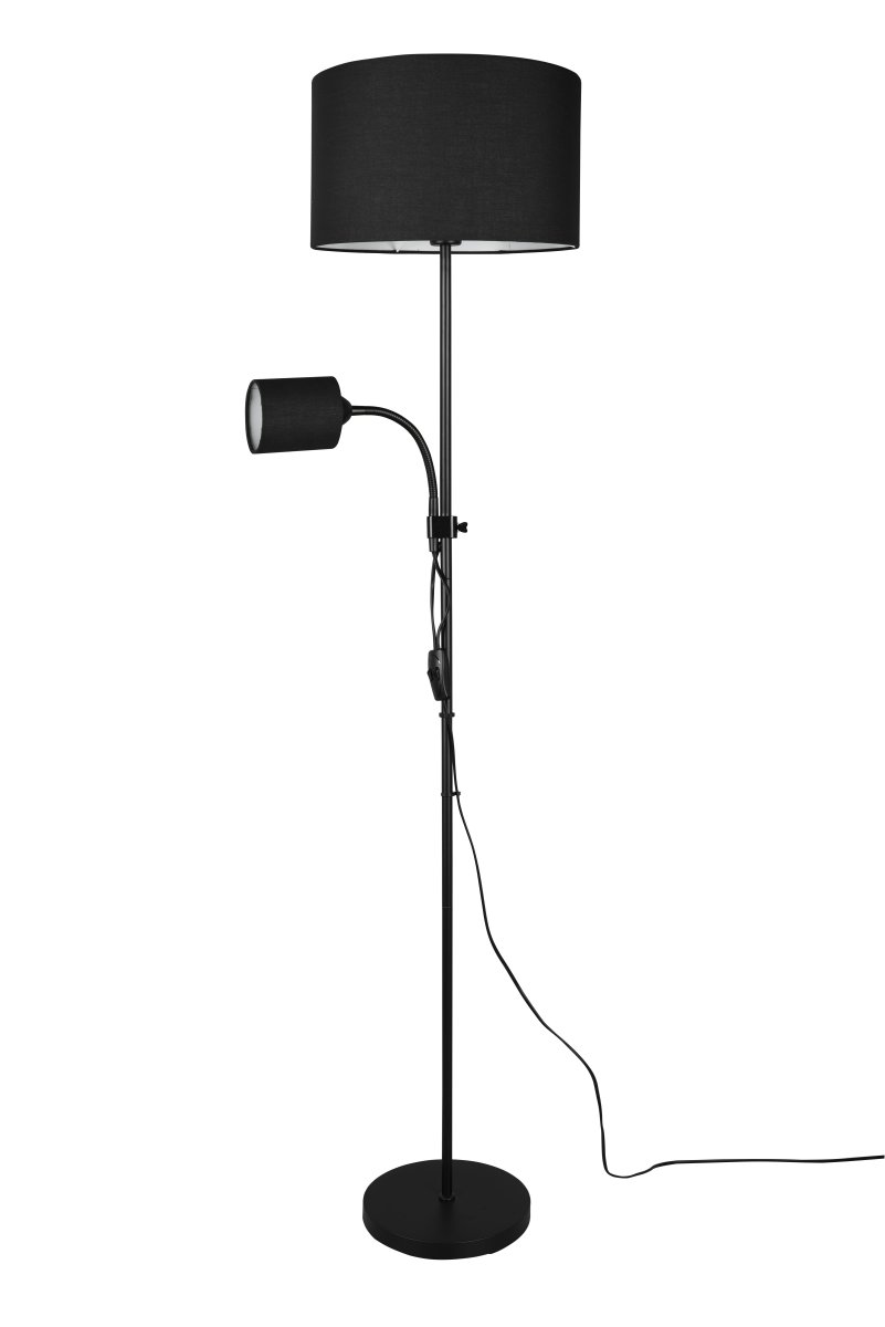 Owen Sort gulvlampe Fra Trio Lighting - Lampen har en fleksibel og h&oslash;jdejusterbar l&aelig;searm, der kan justeres for optimalt lys, hvilket g&oslash;r den ideel som l&aelig;selampe ved sofaen eller i dit l&aelig;sehj&oslash;rne.