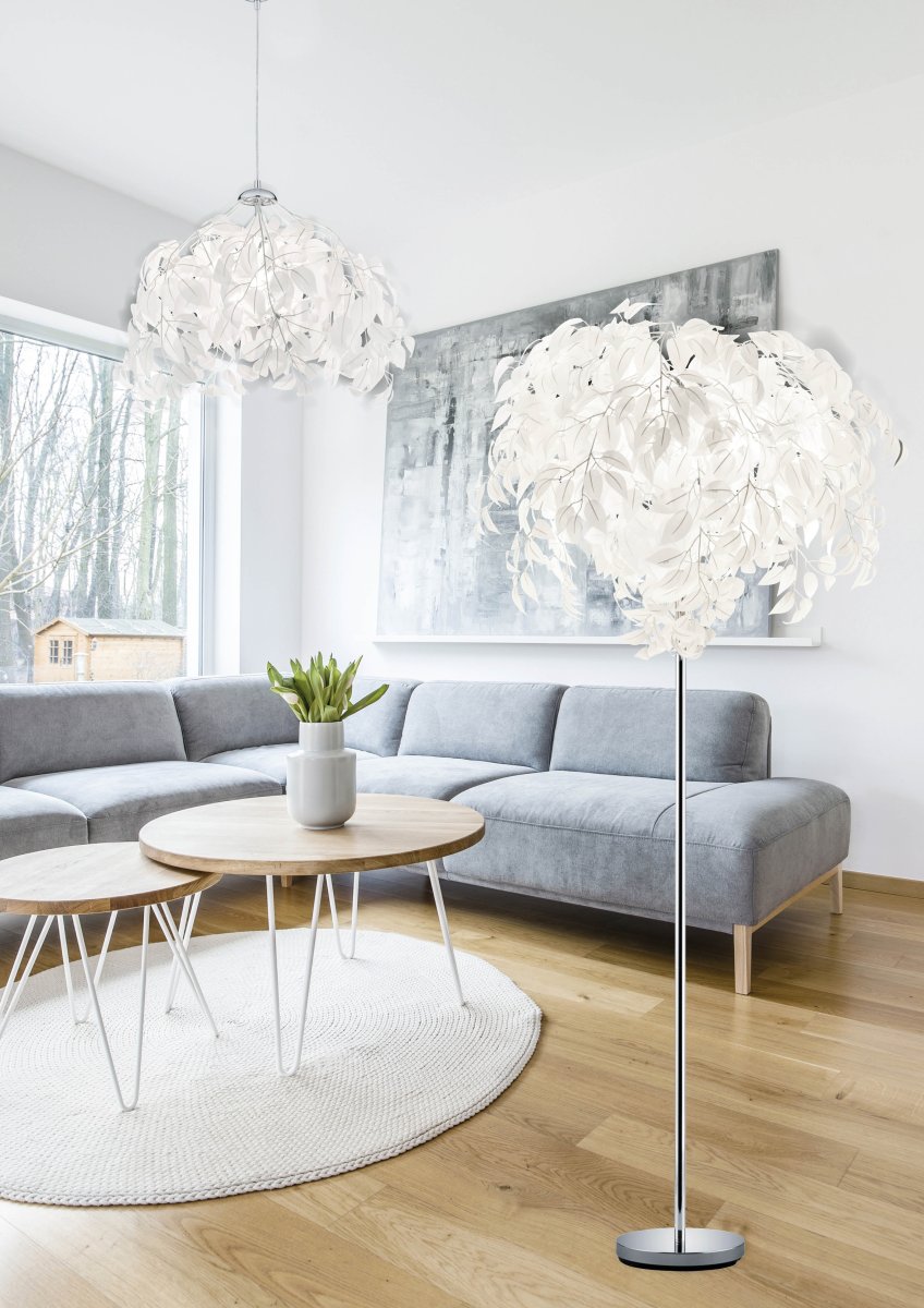 Leavy Hvid gulvlampe Fra Trio Lighting - Leavy gulvlampen er en unik og imponerende funktion i dit hjem med sine dekorative plastikblade, der giver den en distinkt og fortryllende stil.