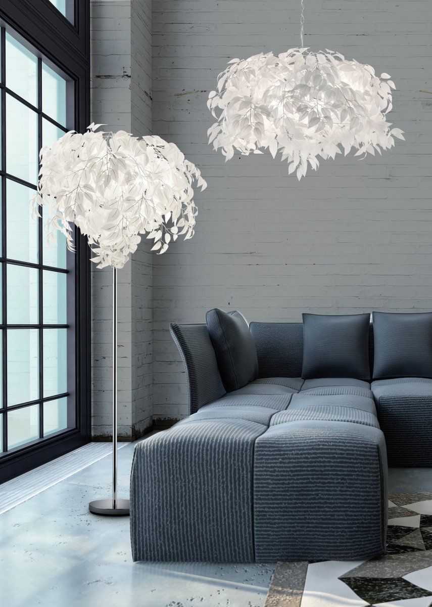 Leavy Hvid gulvlampe Fra Trio Lighting - Leavy gulvlampen er en unik og imponerende funktion i dit hjem med sine dekorative plastikblade, der giver den en distinkt og fortryllende stil.