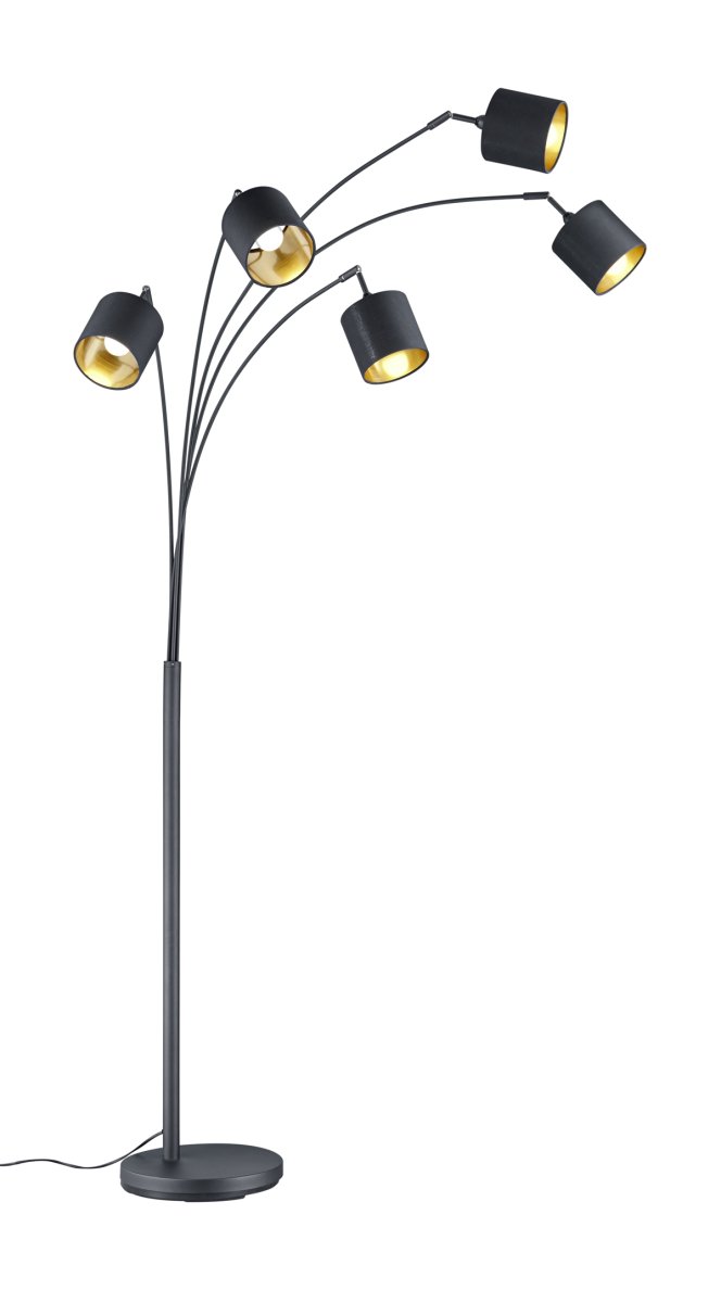 Tommy 5 Sort gulvlampe Fra Trio Lighting - De klare, moderne former og det matsorte metal med sorte og guldfarvede stofskærme gør lampen til en elegant og fleksibel indretningsdetalje.