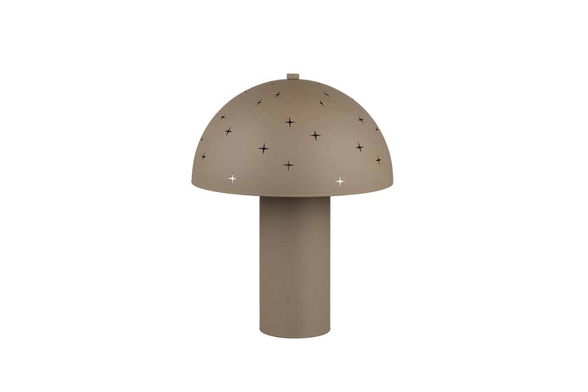 Seta 32cm Greige bordlampe Fra Trio Lighting - N&aring;r lampen er t&aelig;ndt, husker de olien; udsk&aelig;ringerne i metalsk&aelig;rmen om funklende stjerner og skaber en speciel og hyggelig atmosf&aelig;re.