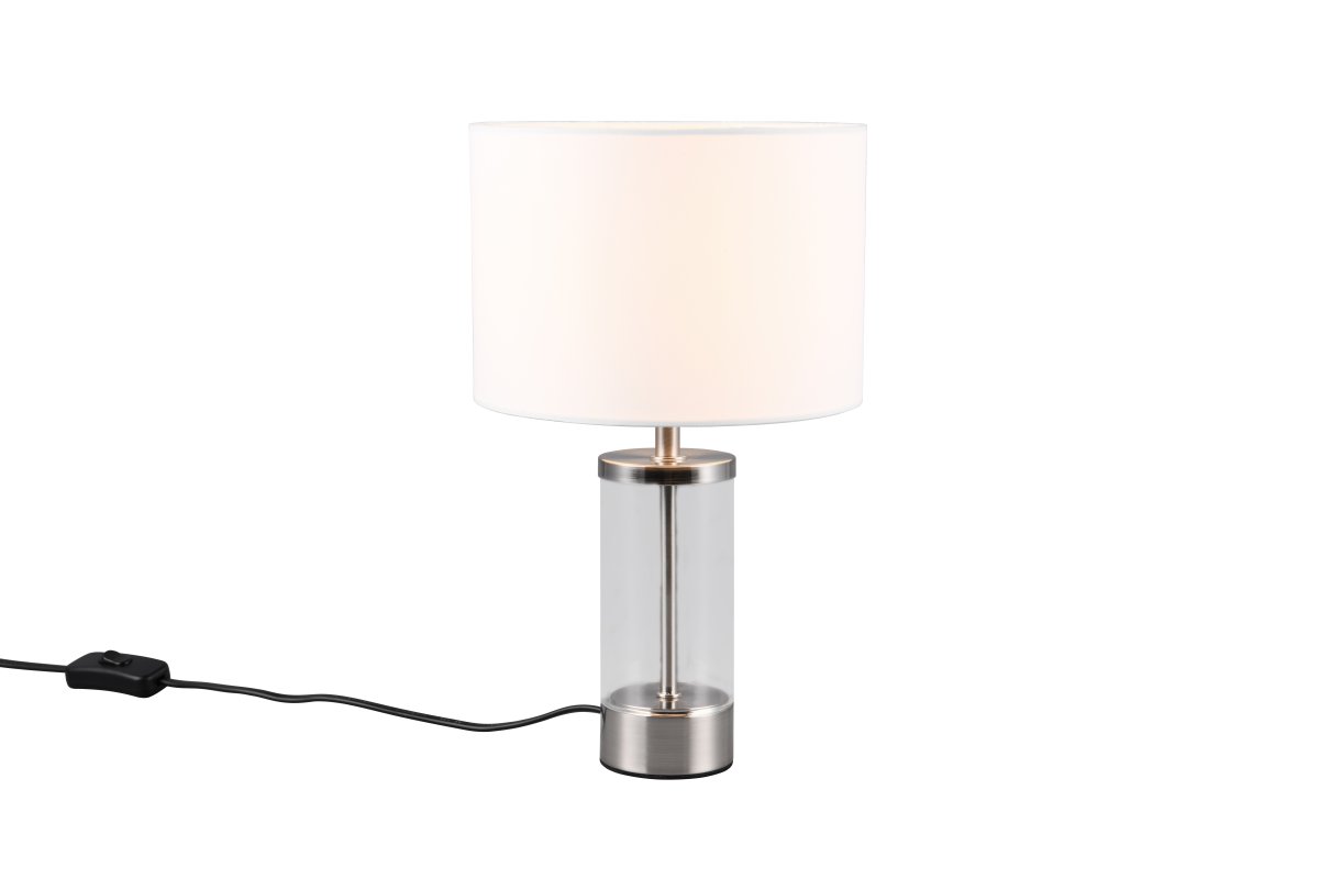 Grazia 34cm Hvid bordlampe Fra Trio Lighting - Bordlampen Grazia kombinerer en elegant stofskærm med en stilren cylindrisk fod i glas og metal, som giver et harmonisk og sofistikeret indtryk.