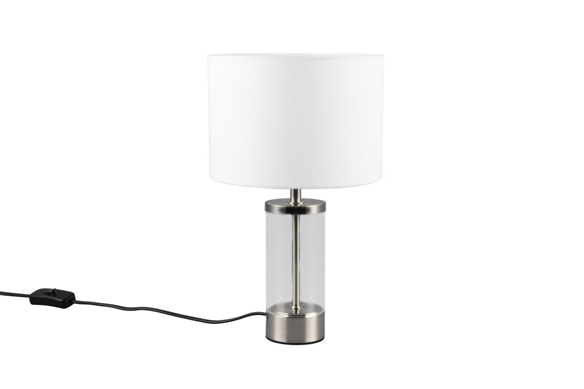 Grazia 34cm Hvid bordlampe Fra Trio Lighting - Bordlampen Grazia kombinerer en elegant stofskærm med en stilren cylindrisk fod i glas og metal, som giver et harmonisk og sofistikeret indtryk.