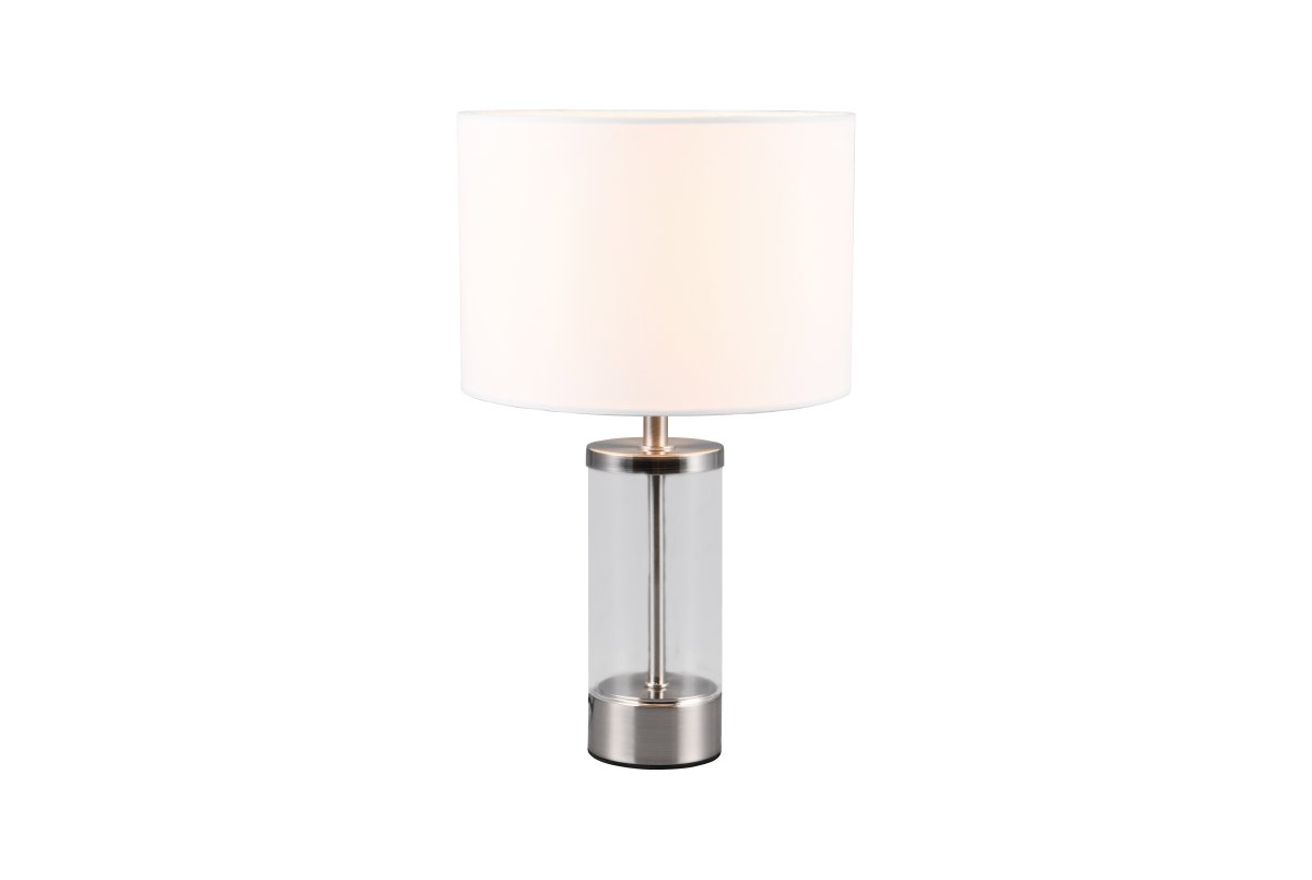 Grazia 34cm Hvid bordlampe Fra Trio Lighting - Bordlampen Grazia kombinerer en elegant stofskærm med en stilren cylindrisk fod i glas og metal, som giver et harmonisk og sofistikeret indtryk.