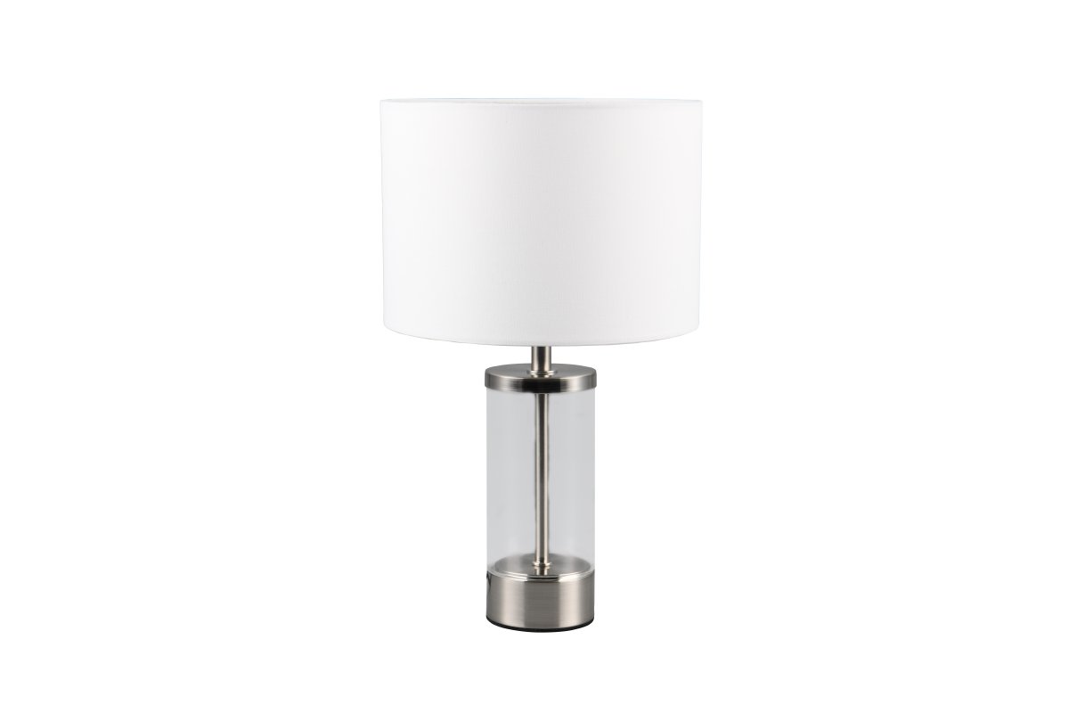 Grazia 34cm Hvid bordlampe Fra Trio Lighting - Bordlampen Grazia kombinerer en elegant stofskærm med en stilren cylindrisk fod i glas og metal, som giver et harmonisk og sofistikeret indtryk.