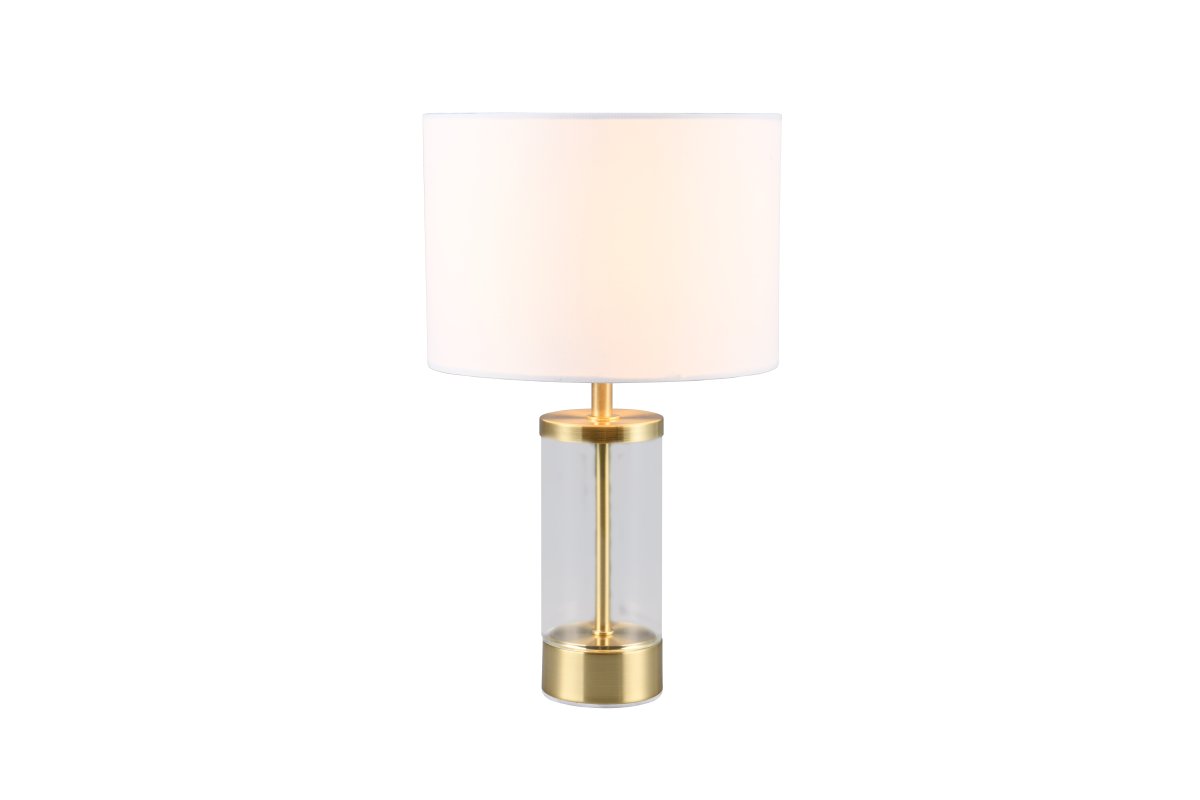 Grazia 34cm Mat messing bordlampe Fra Trio Lighting - Bordlampen Grazia kombinerer en elegant stofsk&aelig;rm med en stilren cylindrisk fod i glas og metal, som giver et harmonisk og sofistikeret indtryk.