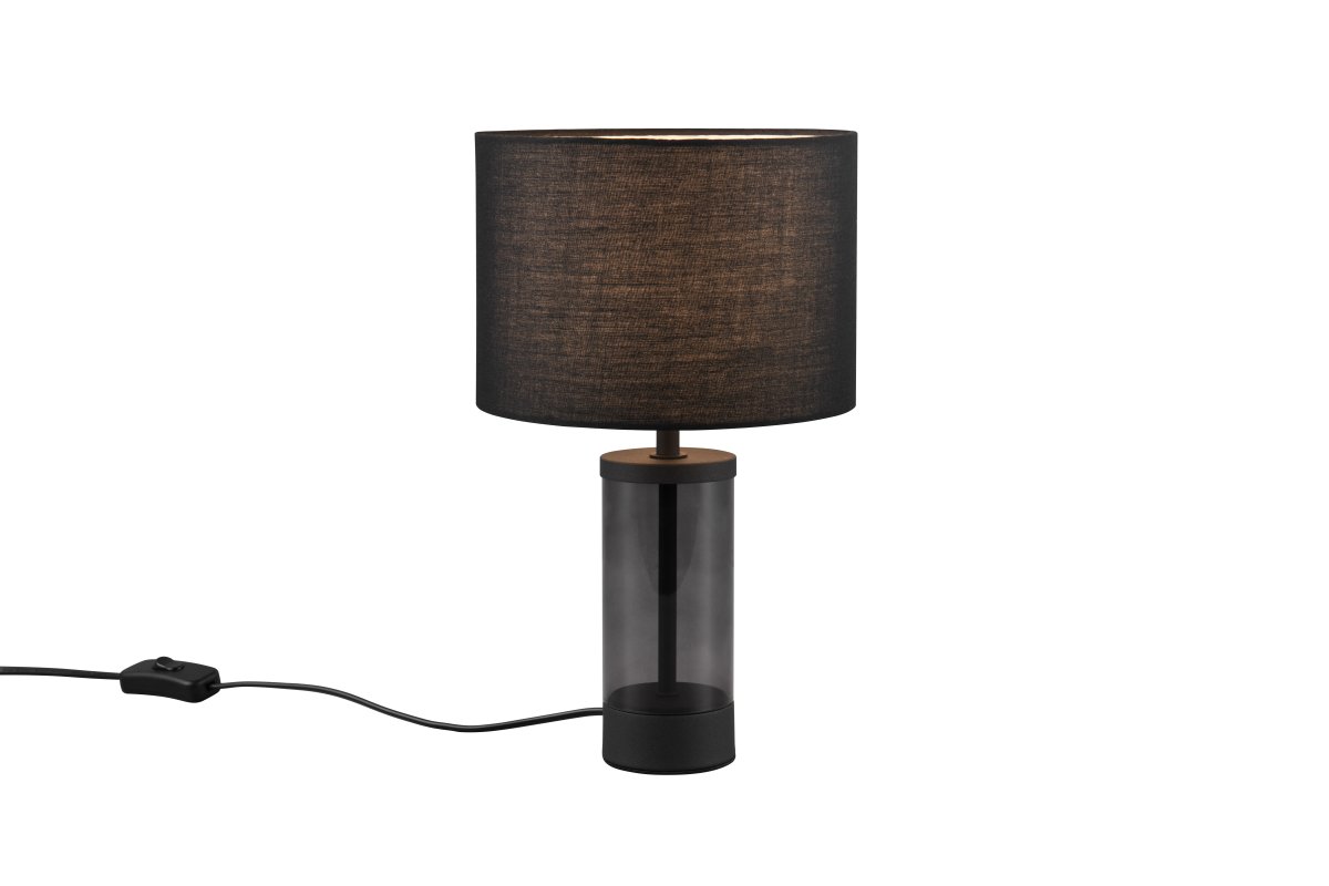 Grazia 34cm Sort bordlampe Fra Trio Lighting - Bordlampen Grazia kombinerer en elegant stofskærm med en stilren cylindrisk fod i glas og metal, som giver et harmonisk og sofistikeret indtryk.