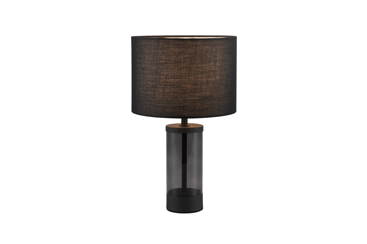 Grazia 34cm Sort bordlampe Fra Trio Lighting - Bordlampen Grazia kombinerer en elegant stofskærm med en stilren cylindrisk fod i glas og metal, som giver et harmonisk og sofistikeret indtryk.