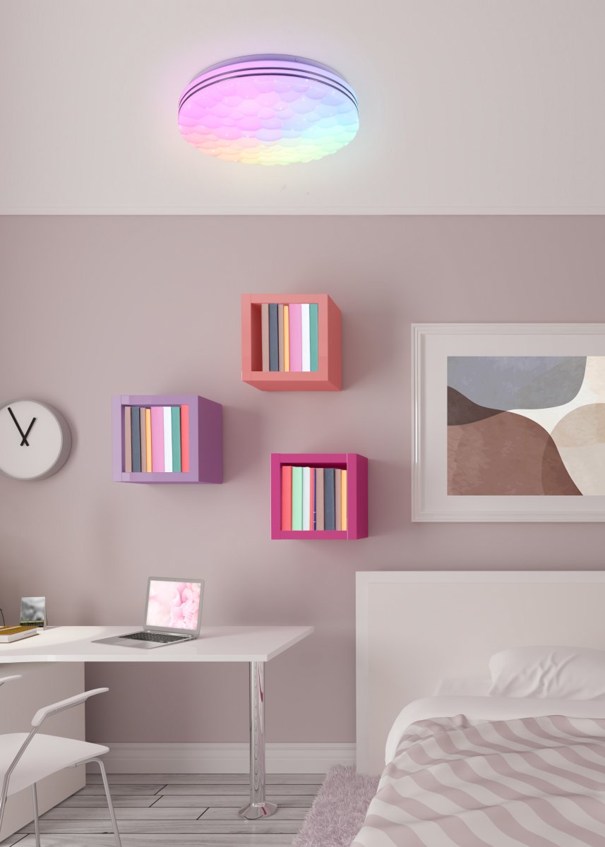 Tiger Ø38 Hvid børnelampe Fra Trio Lighting - Med den medf&oslash;lgende fjernbetjening kan b&aring;de lysfarven og lysstyrken justeres trinl&oslash;st og individuelt.