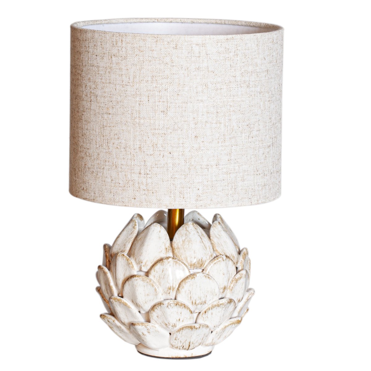Rosanna 30cm Beige bordlampe Fra Cottex - Den keramiske lampefod i en rustik hvid farve kombineret med den beige hørskærm bidrager til en harmonisk atmosfære i rummet.