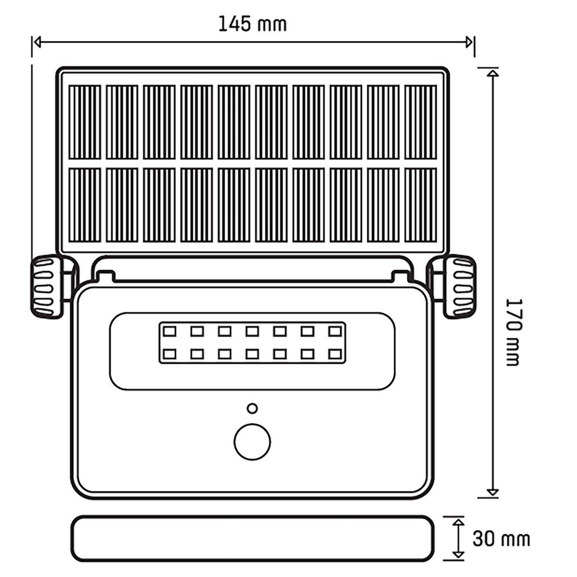 Batteridrevet projektør med sensor Sort solcellelampe Fra Designlight - Forudsat at det er m&oslash;rkt (mindre end 10 lux), og nogen/noget bev&aelig;ger sig i et omr&aring;de 5 m eller t&aelig;ttere p&aring; armaturet, t&aelig;nder den automatisk og opretholder lyset i 30 sekunder fra den sidst registrerede bev&aelig;gelse.