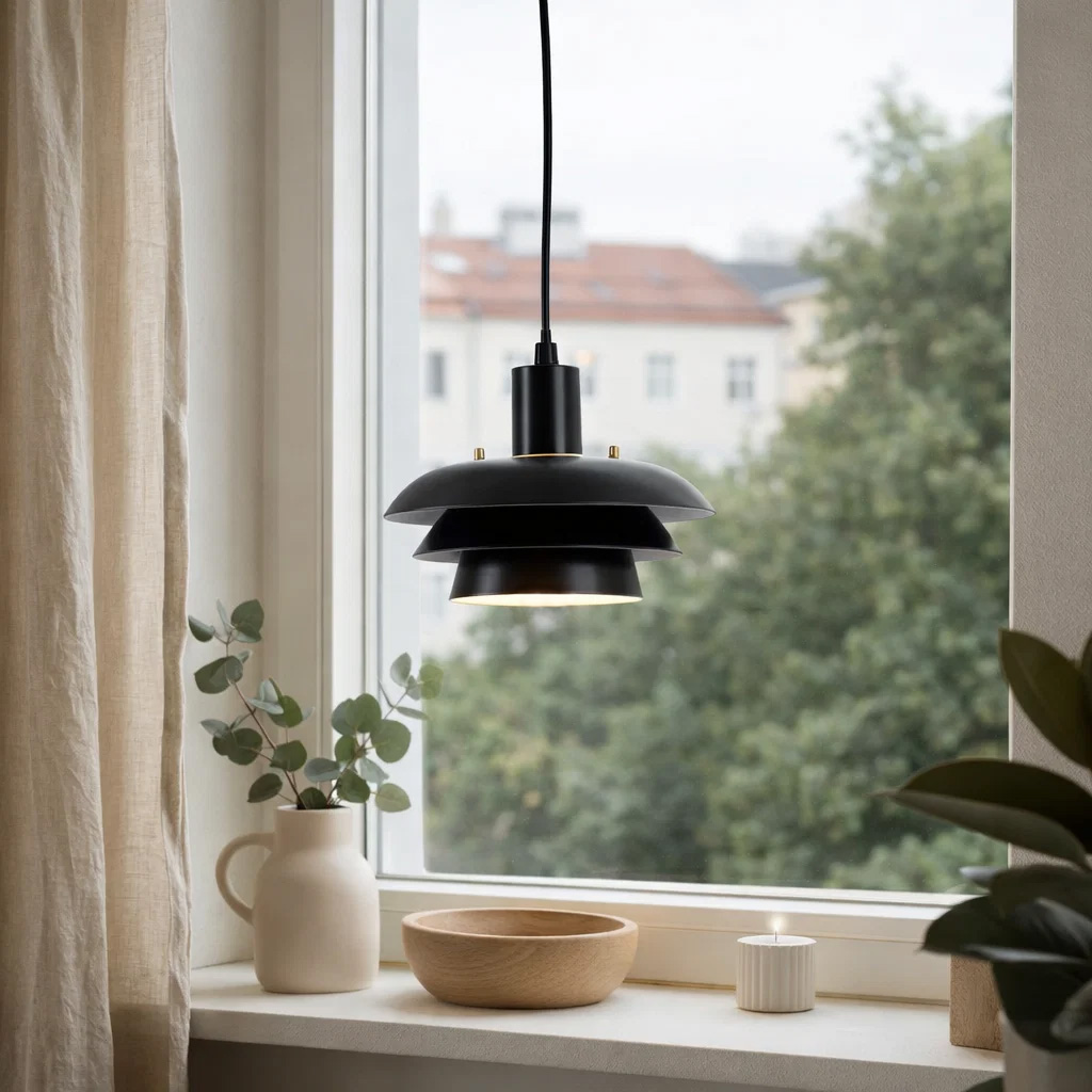 Stealth Ø20 Sort vindueslampe Fra Nordic Lighting - Lampen er lavet af sort metal og har et bl&oslash;dt lagdelt design, der giver et behageligt og nedadrettet lys - perfekt til vinduer eller mindre omr&aring;der.