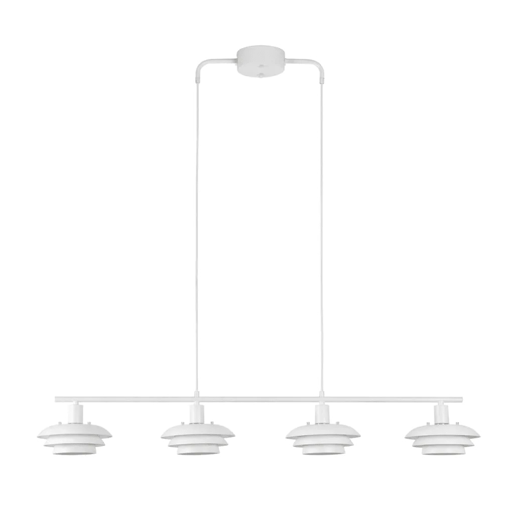 Stealth 120cm Hvid loftslampe Fra Nordic Lighting - Stealth er en stilfuld loftslampe i hvidmetal med fire nedadvendte sk&aelig;rme, der giver et behageligt, rettet lys over for eksempel et spisebord eller k&oslash;kken.