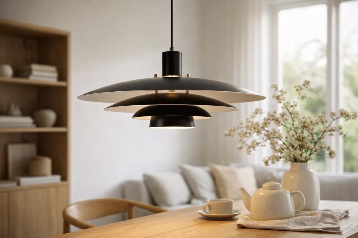 Stealth Ø50 Sort loftslampe Fra Nordic Lighting - Lampen leveres med to s&aelig;t detaljer - knopper og ringe i b&aring;de messing og sort - s&aring; du kan v&aelig;lge udtrykket og tilpasse designet til din indretning.