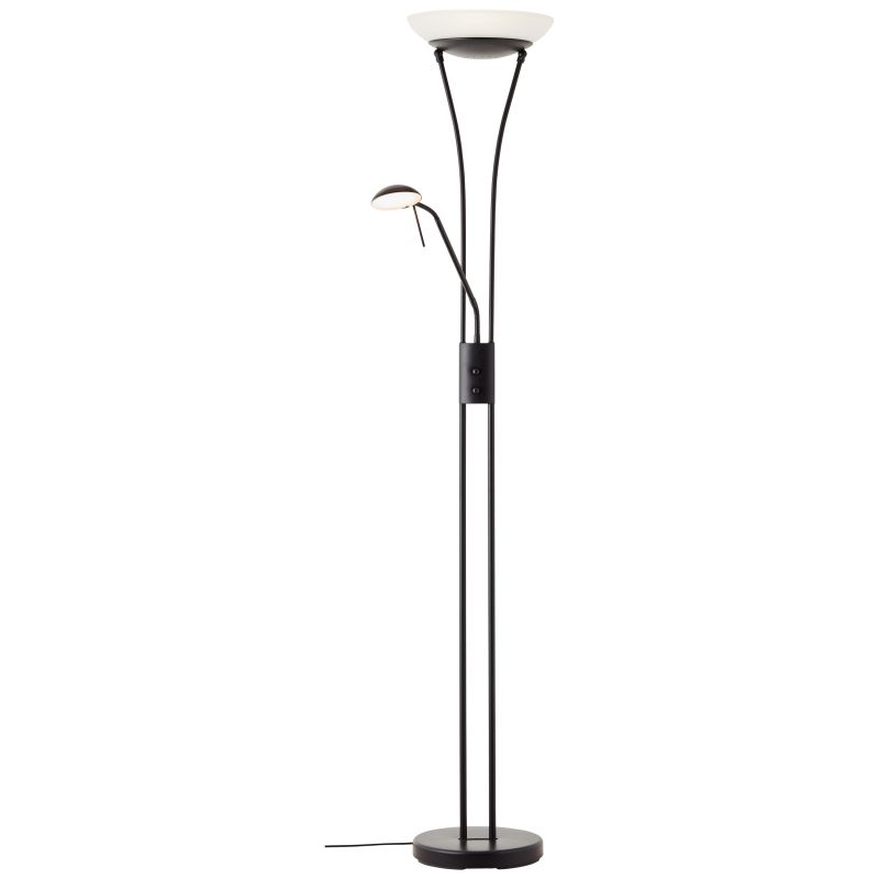 Finn Sort gulvlampe Fra Brilliant - Lyset er rettet mod loftet og spreder et bl&oslash;dt, indirekte lys i rummet, mens den fleksible arm giver et m&aring;lrettet lys til l&aelig;sning eller arbejde.