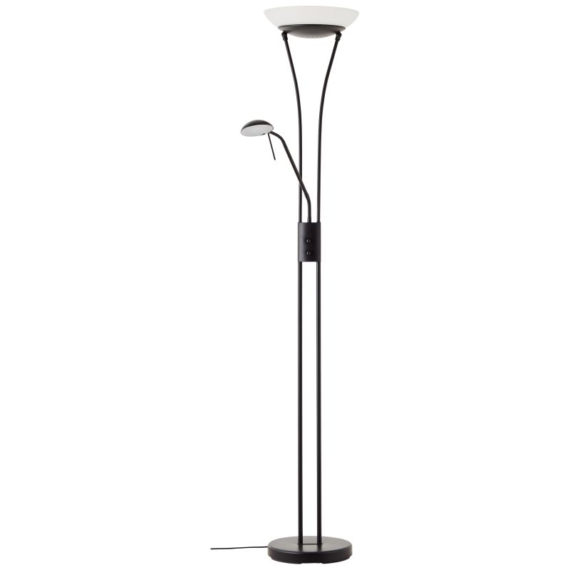 Finn Sort gulvlampe Fra Brilliant - Lyset er rettet mod loftet og spreder et bl&oslash;dt, indirekte lys i rummet, mens den fleksible arm giver et m&aring;lrettet lys til l&aelig;sning eller arbejde.