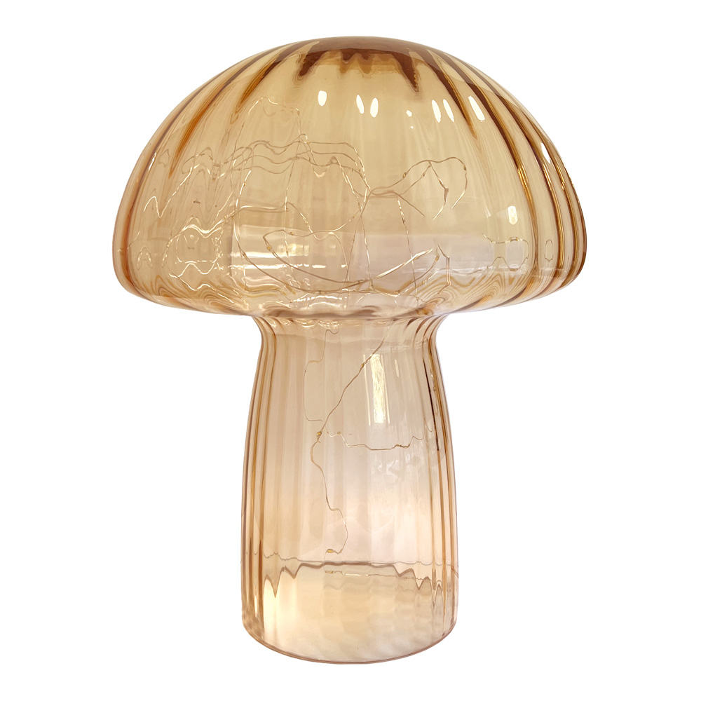 Mushroom 35cm Beige bordlampe Fra Pixie Design - Den er udstyret med en timer og en praktisk 5-trins lysd&aelig;mper til at justere lyset efter behov, hvilket g&oslash;r den perfekt til b&aring;de arbejdsbelysning og hyggelig aftenbelysning.