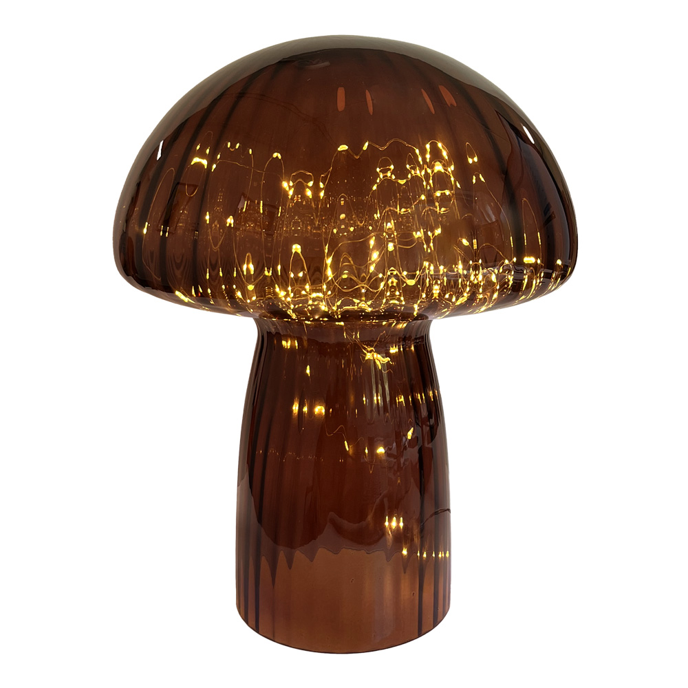 Mushroom 35cm Rødbrun bordlampe Fra Pixie Design - Den er udstyret med en timer og en praktisk 5-trins lysd&aelig;mper til at justere lyset efter behov, hvilket g&oslash;r den perfekt til b&aring;de arbejdsbelysning og hyggelig aftenbelysning.