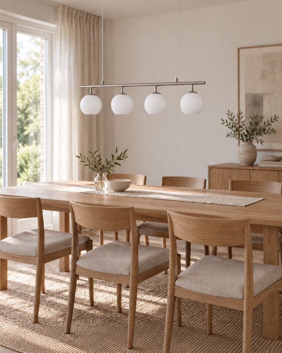 Globi 4 78cm Nikkel loftslampe Fra Nordic Lighting - Metaloph&aelig;nget i en mat nikkelfinish giver et elegant og grafisk udtryk, mens de fire runde opalglaskupler spreder et behageligt og j&aelig;vnt lys i rummet.